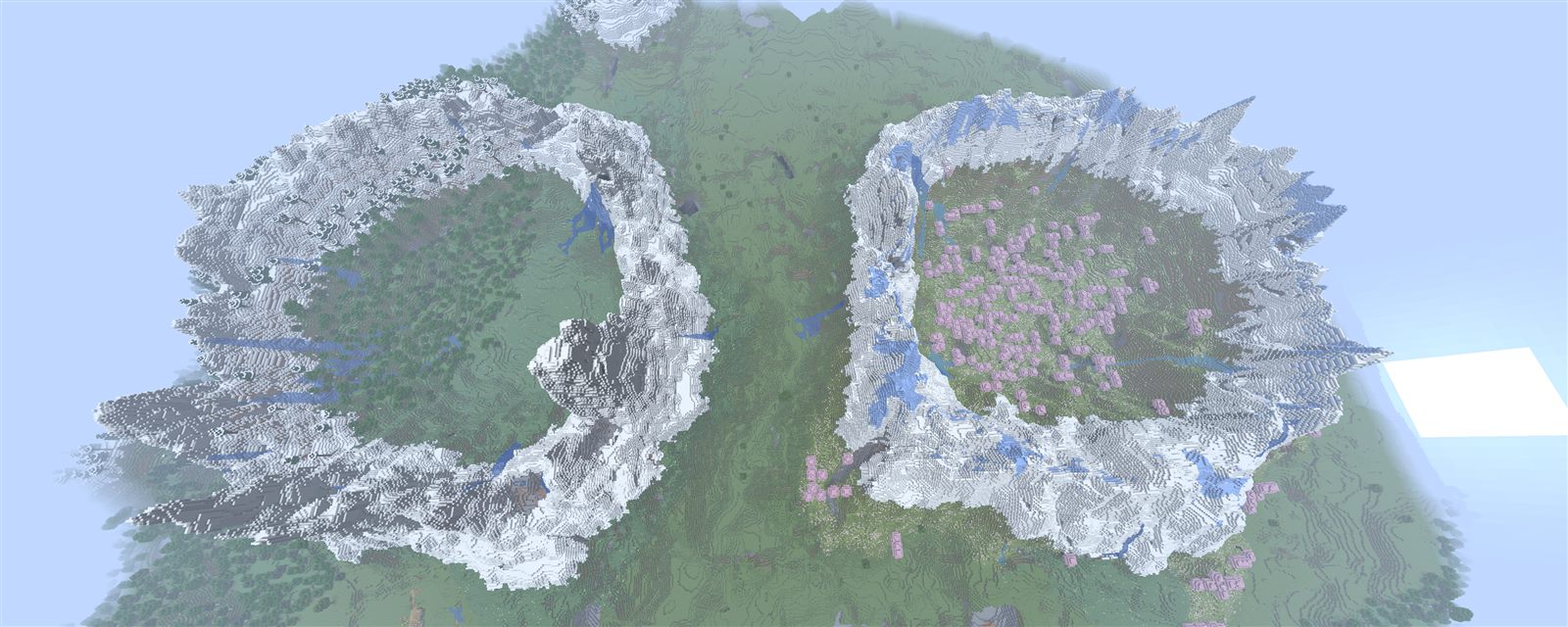 桜と洋館のある双子クレーター — Minecraftシード